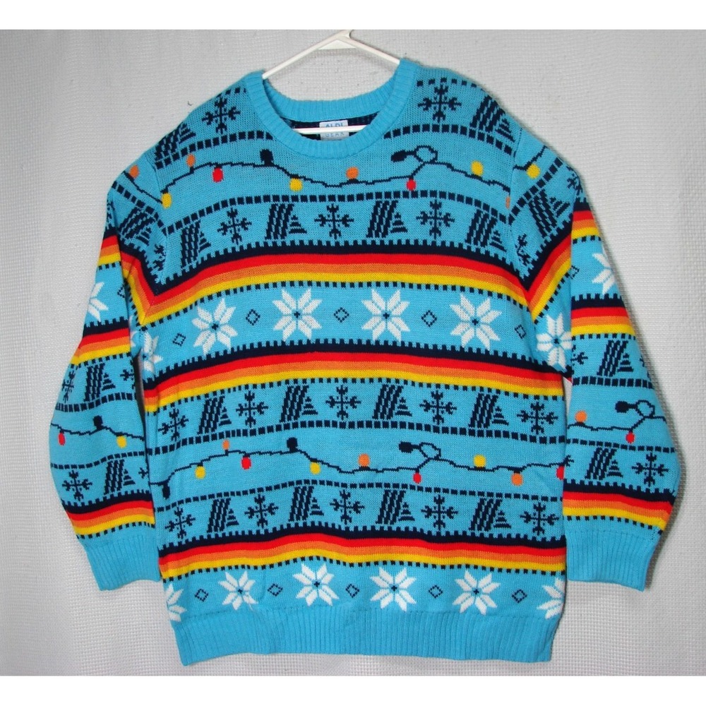 Aldi Crewneck Sweater Blue Snowflakes Ugly Christmas Lights Rainbow Unisex XL